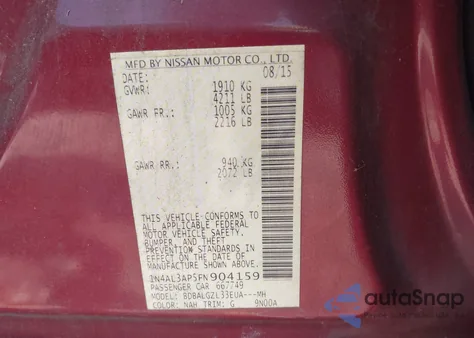 2015 Nissan Altima 2.5 S z USA, uszkodzony, nr VIN 1N4AL3AP5FN904159